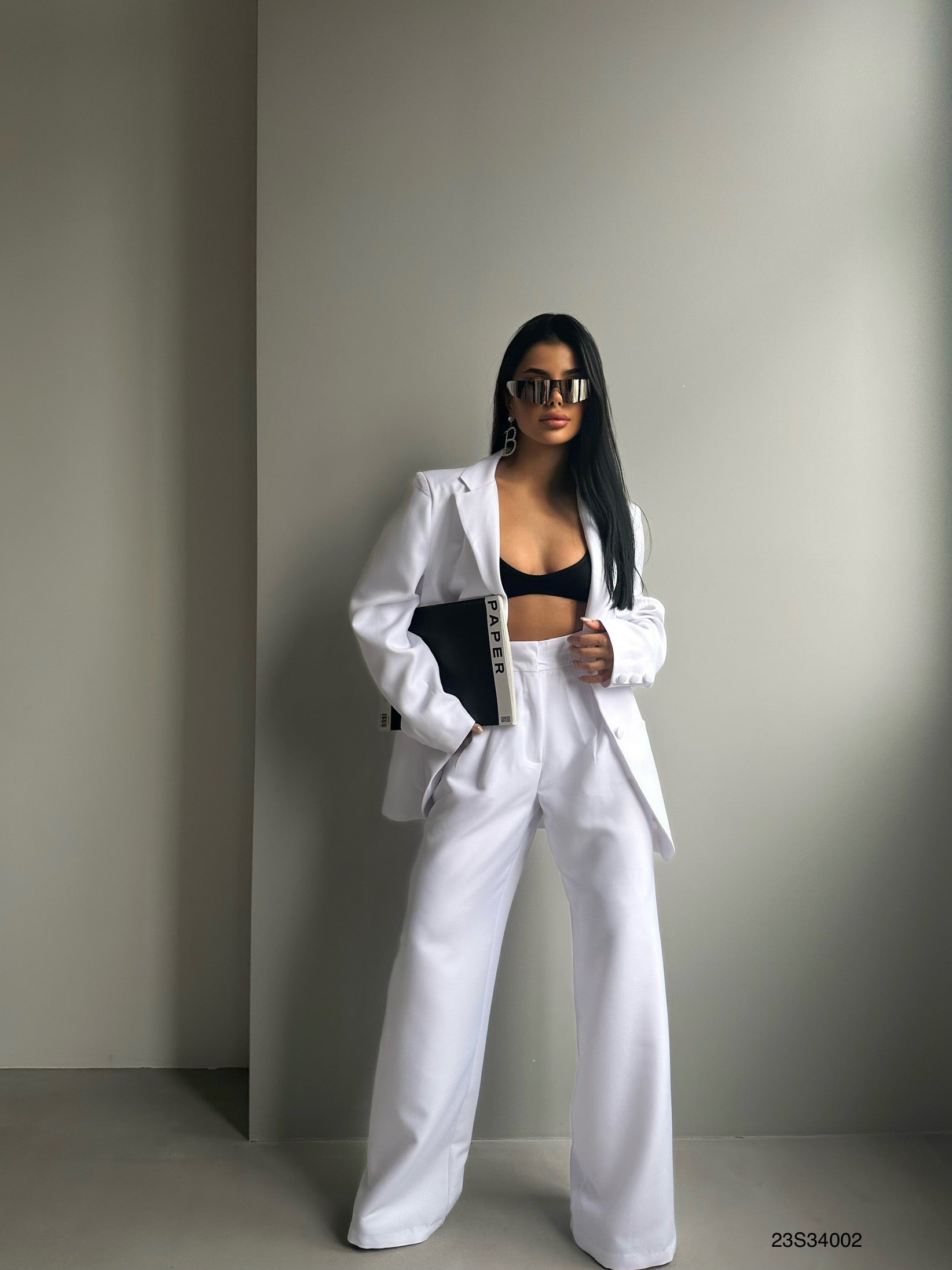Foldover Waist White Pants Blazer Jacket Set