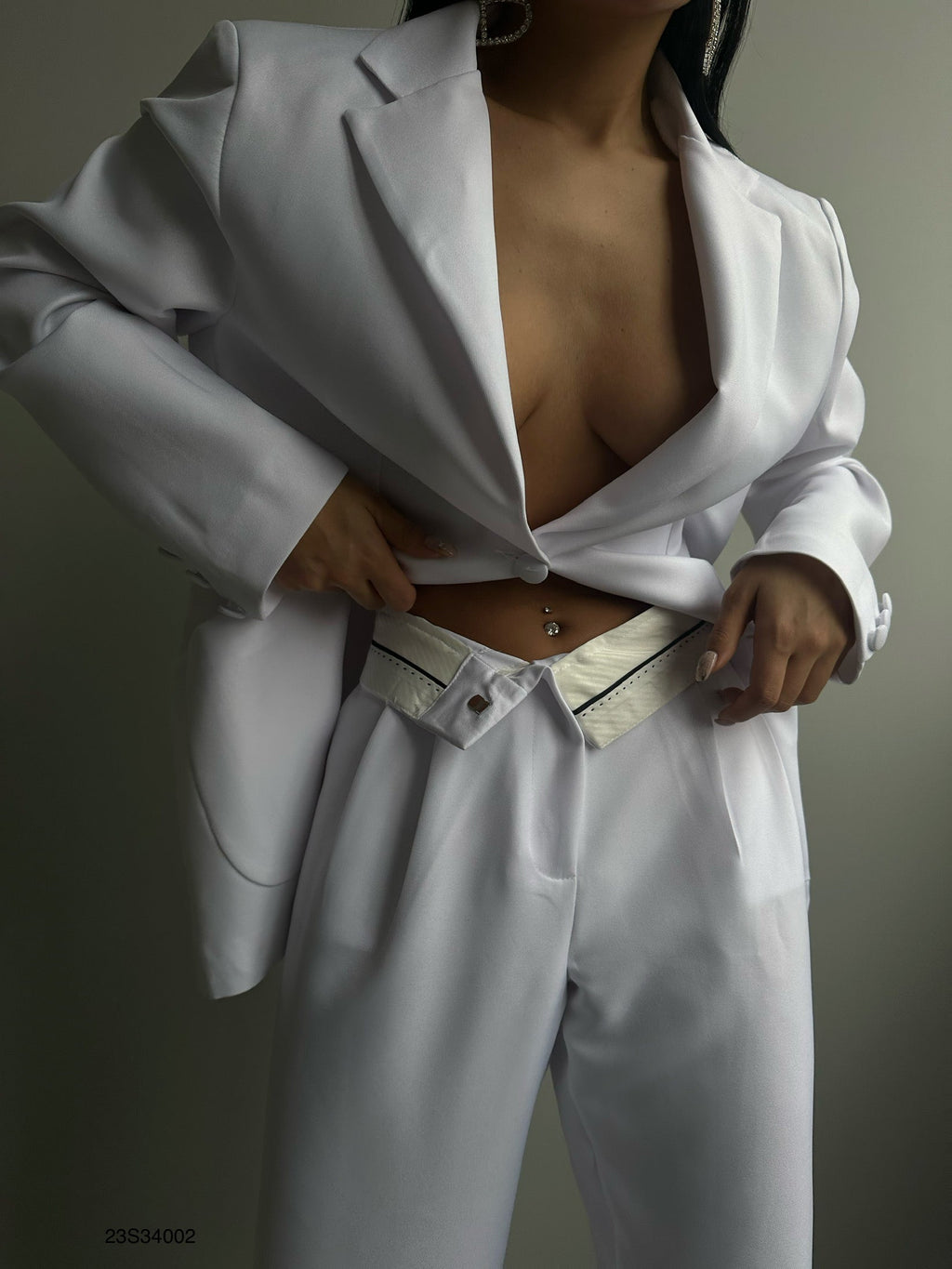 Foldover Waist White Pants Blazer Jacket Set