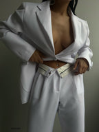 Foldover Waist White Pants Blazer Jacket Set