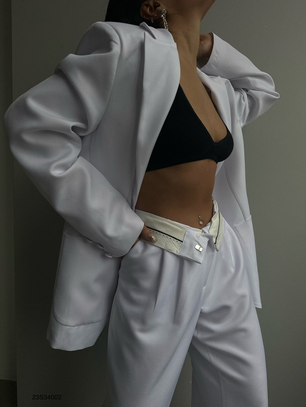 Foldover Waist White Pants Blazer Jacket Set