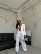 Foldover Waist White Pants Blazer Jacket Set