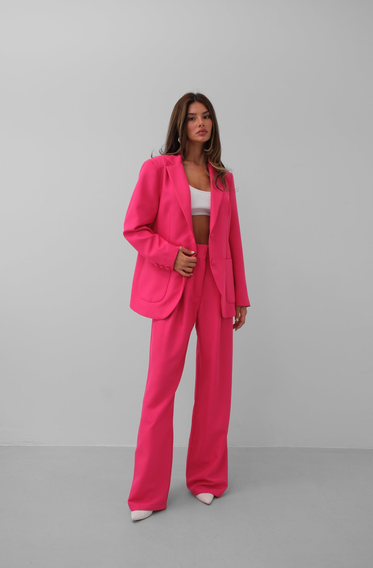 Folded Waist Fuchsia Pants Blazer Jacket Set