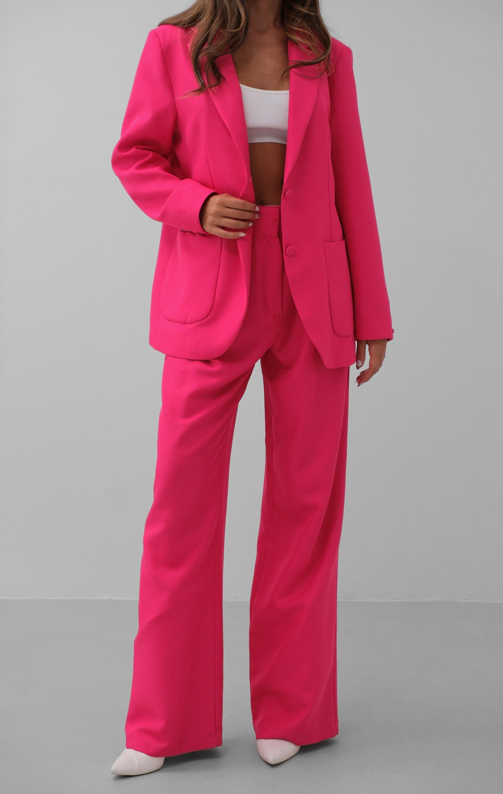 Folded Waist Fuchsia Pants Blazer Jacket Set