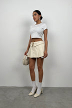 Folded Waist Pleated Beige Mini Skirt
