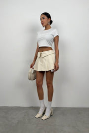 Pleated Beige Mini Skirt with Waist Fold