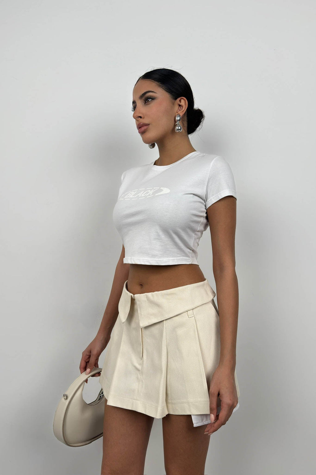 Folded Waist Pleated Beige Mini Skirt