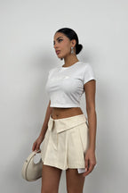 Folded Waist Pleated Beige Mini Skirt