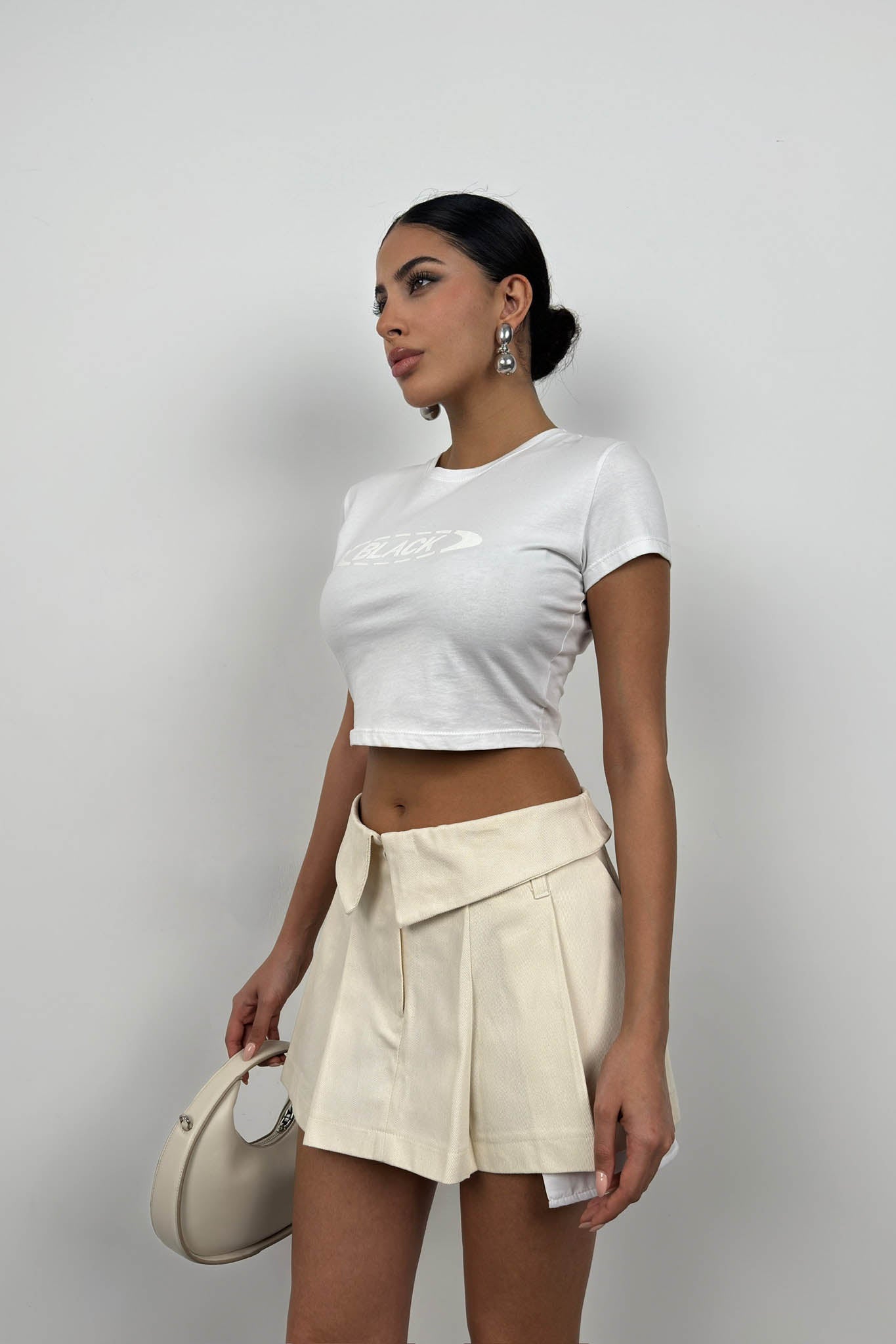 Folded Waist Pleated Beige Mini Skirt