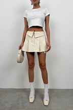 Folded Waist Pleated Beige Mini Skirt