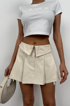 Folded Waist Pleated Beige Mini Skirt
