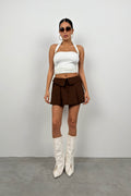 Foldover Waist Pleated Brown Mini Skirt