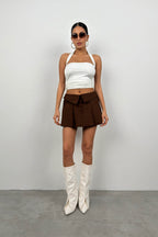 Foldover Waist Pleated Brown Mini Skirt