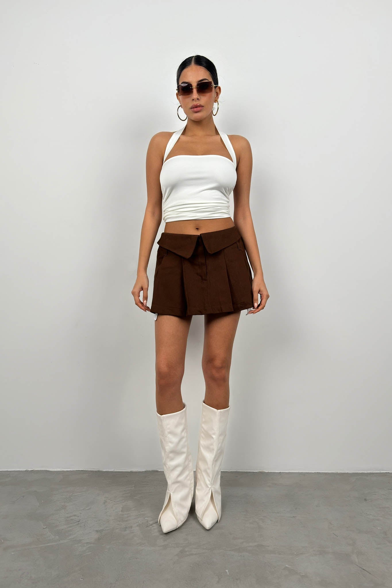 Foldover Waist Pleated Brown Mini Skirt