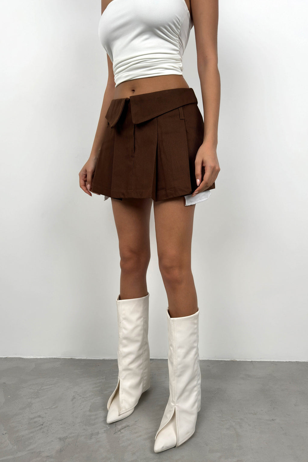 Foldover Waist Pleated Brown Mini Skirt