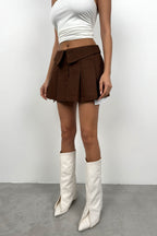 Foldover Waist Pleated Brown Mini Skirt