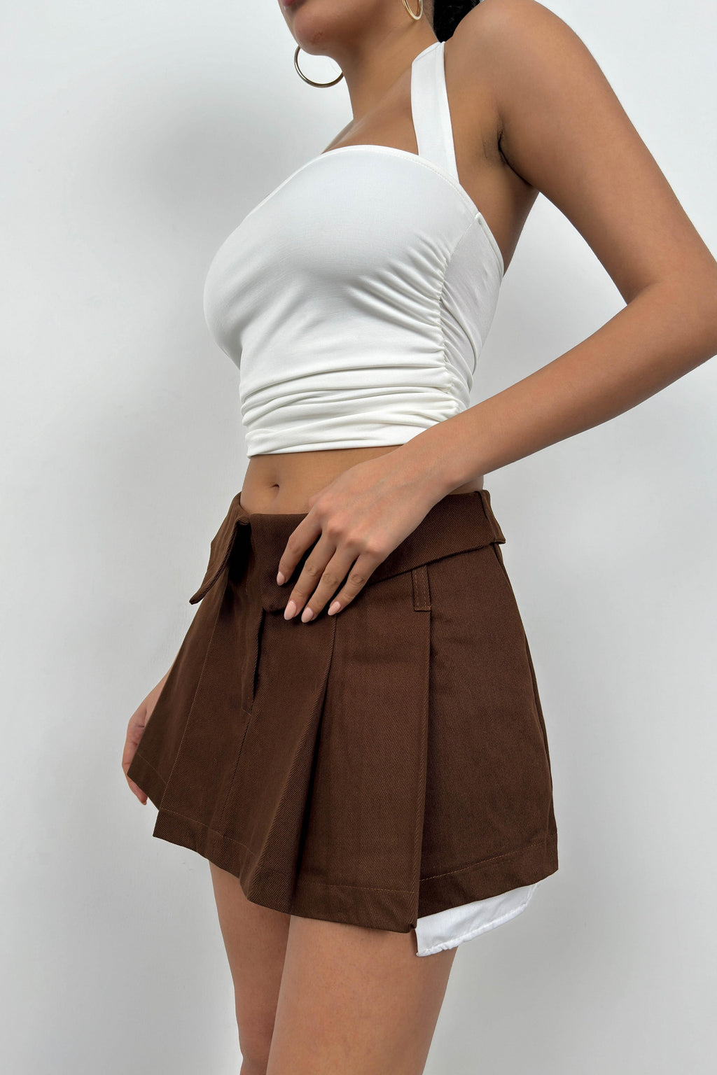 Foldover Waist Pleated Brown Mini Skirt
