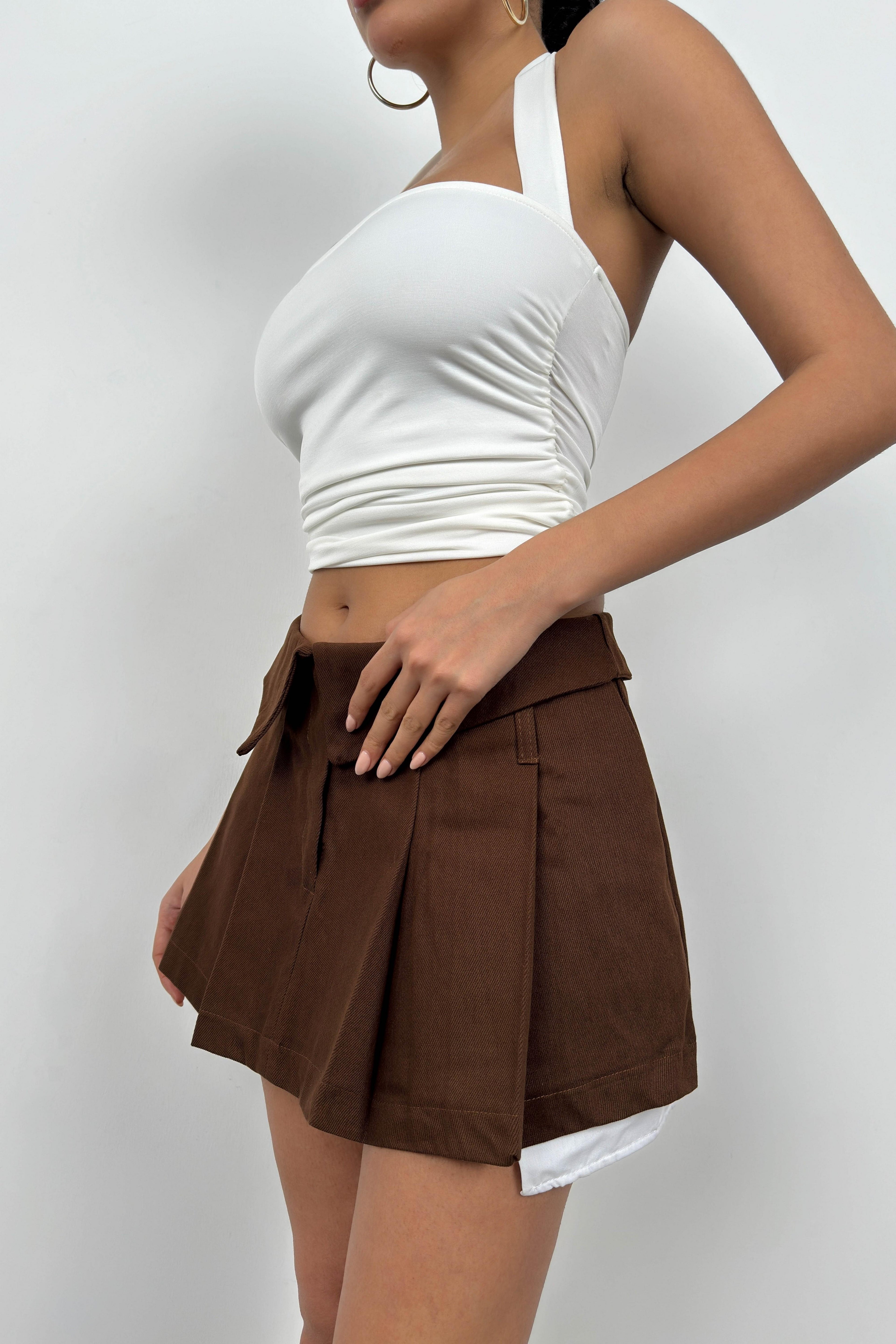Foldover Waist Pleated Brown Mini Skirt