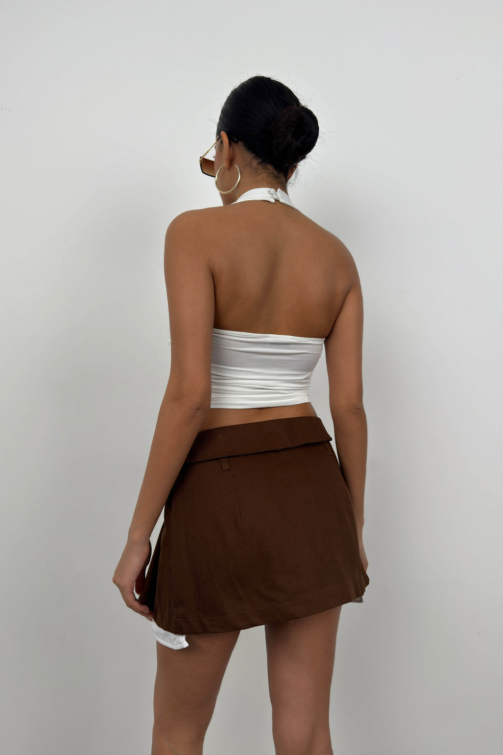 Foldover Waist Pleated Brown Mini Skirt
