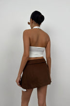 Foldover Waist Pleated Brown Mini Skirt