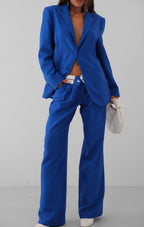 Folded Waist Sax Blue Pants Blazer Jacket Set
