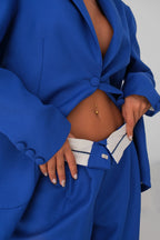 Folded Waist Sax Blue Pants Blazer Jacket Set