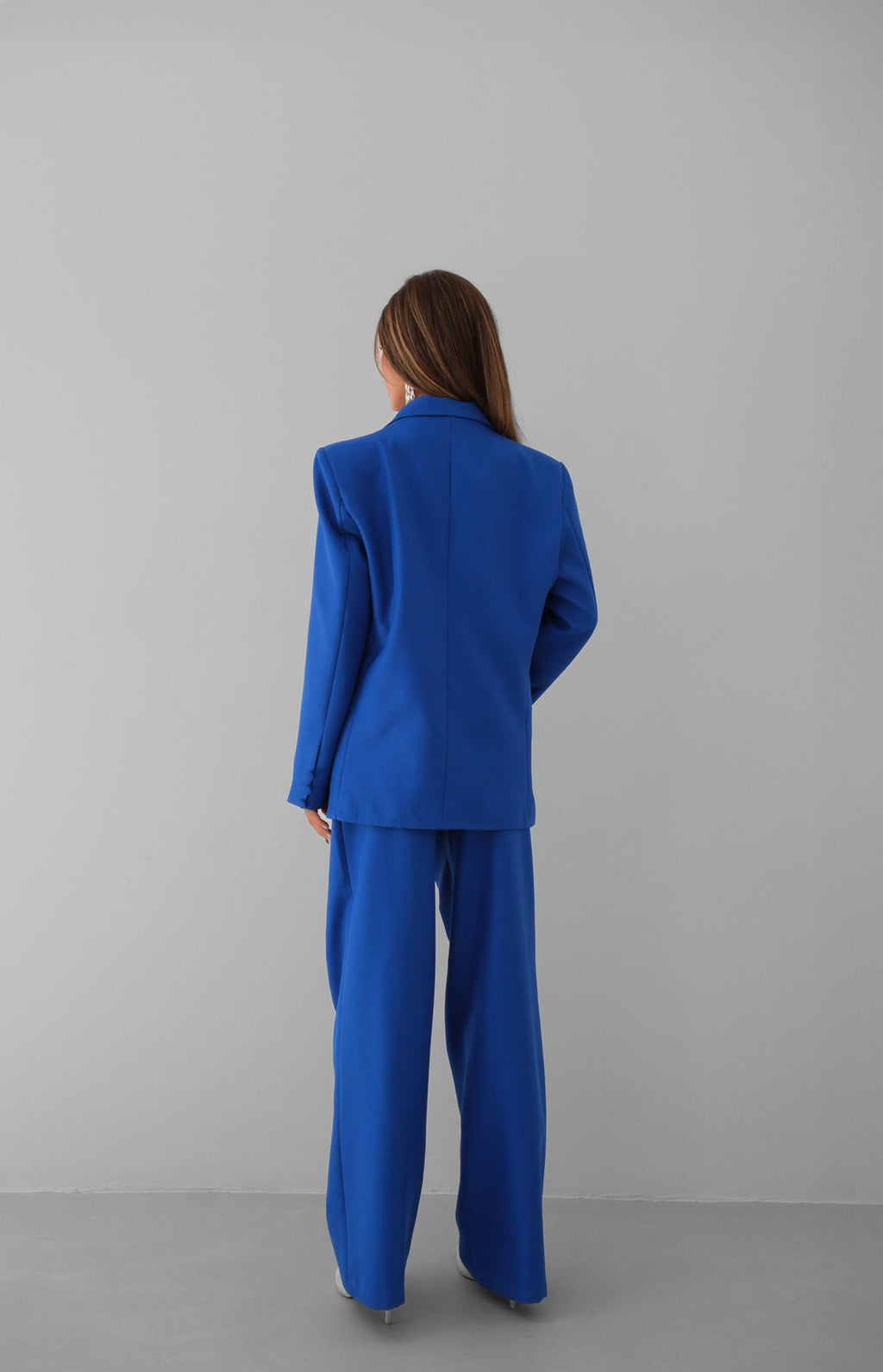 Folded Waist Sax Blue Pants Blazer Jacket Set