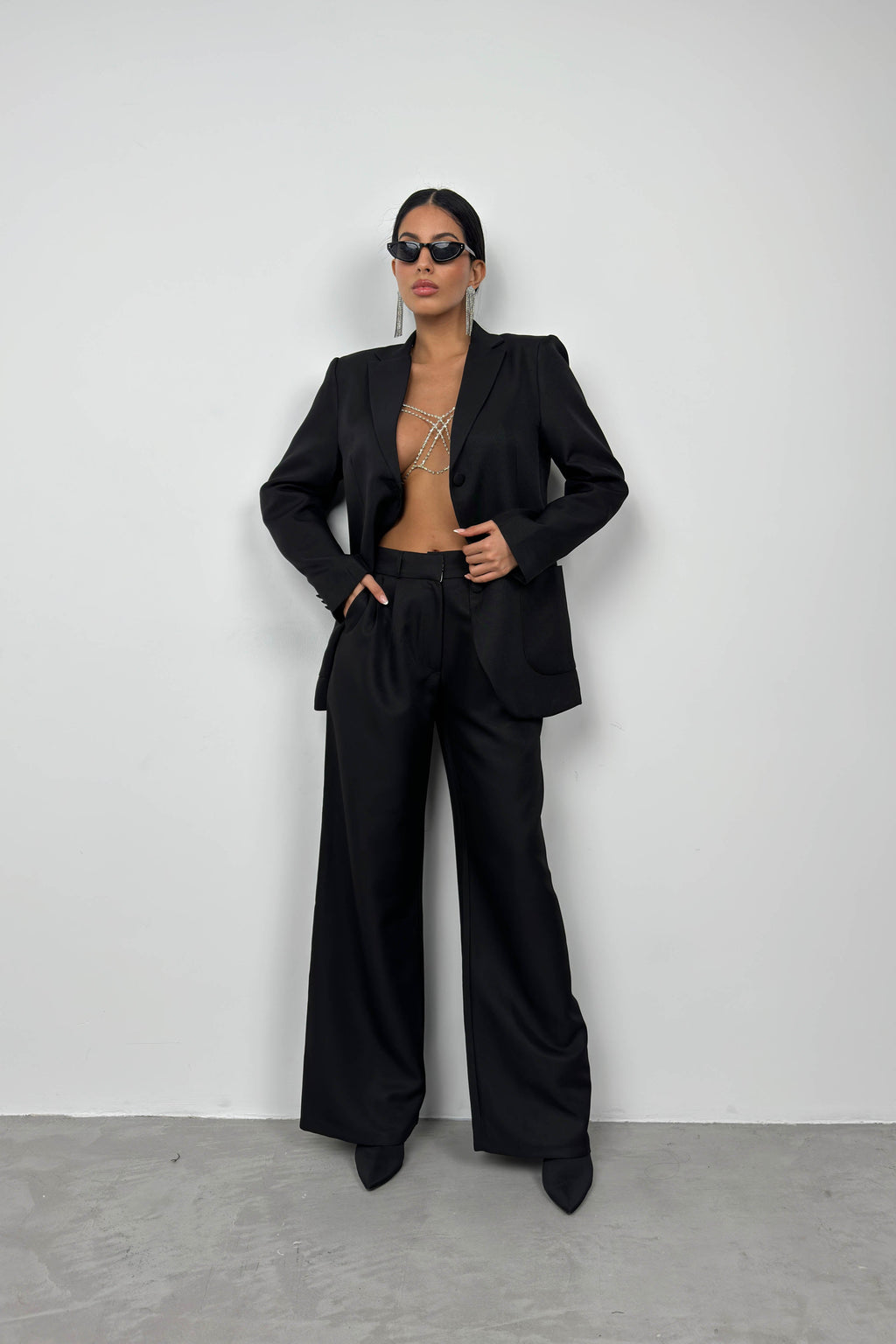 Foldover Waist Black Pants Blazer Jacket Set