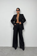 Foldover Waist Black Pants Blazer Jacket Set