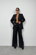 Foldover Waist Black Pants Blazer Jacket Set