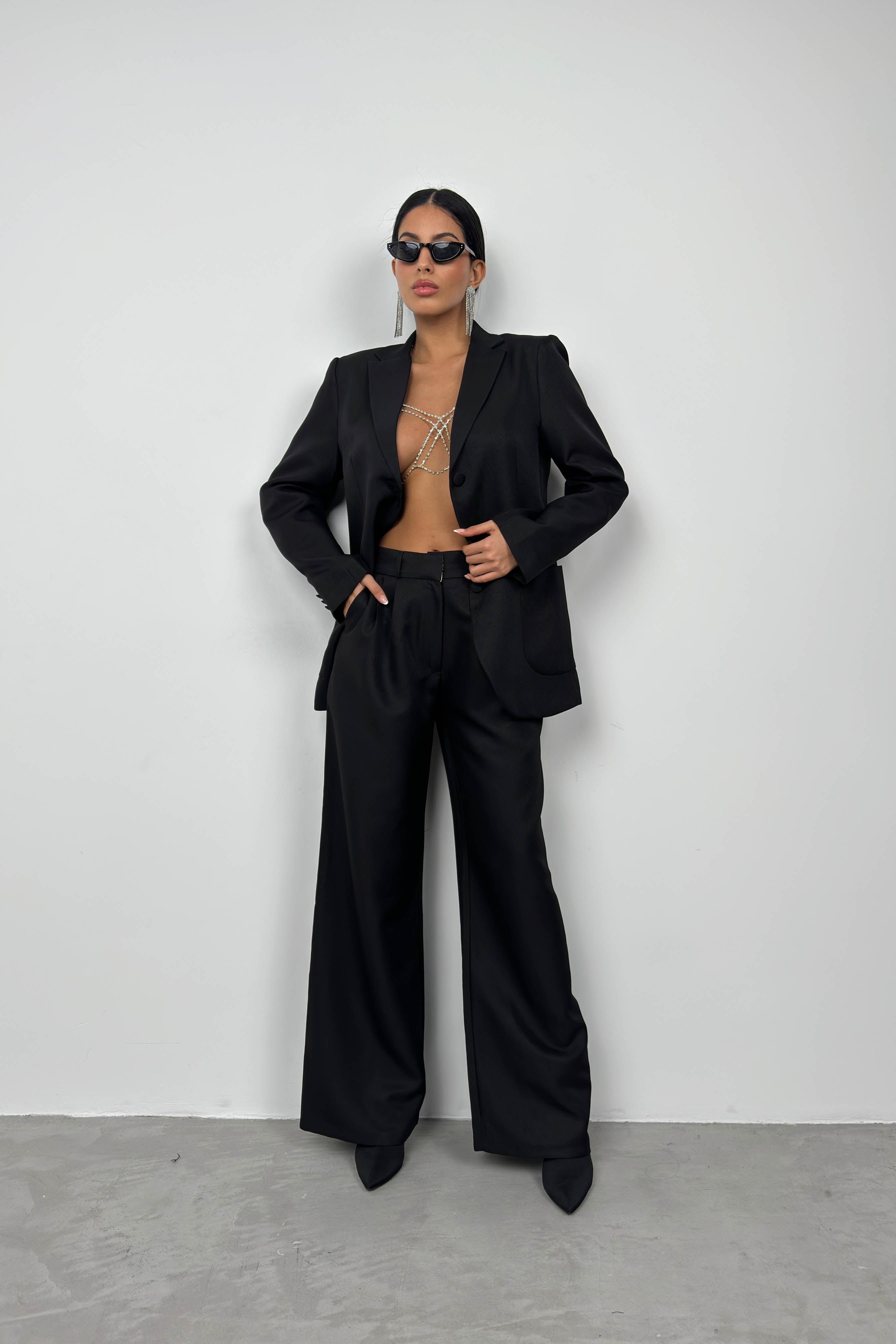 Foldover Waist Black Pants Blazer Jacket Set