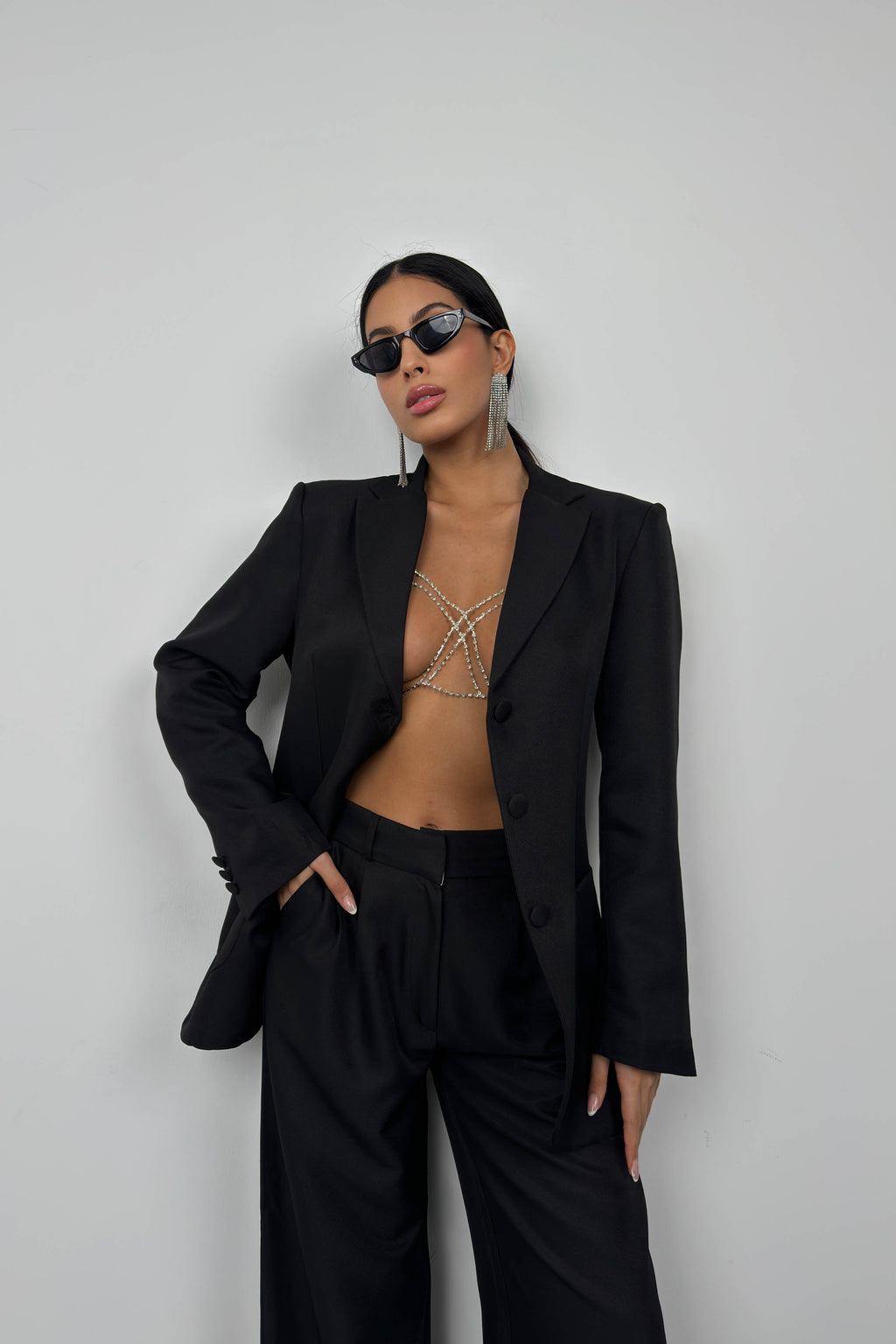 Foldover Waist Black Pants Blazer Jacket Set
