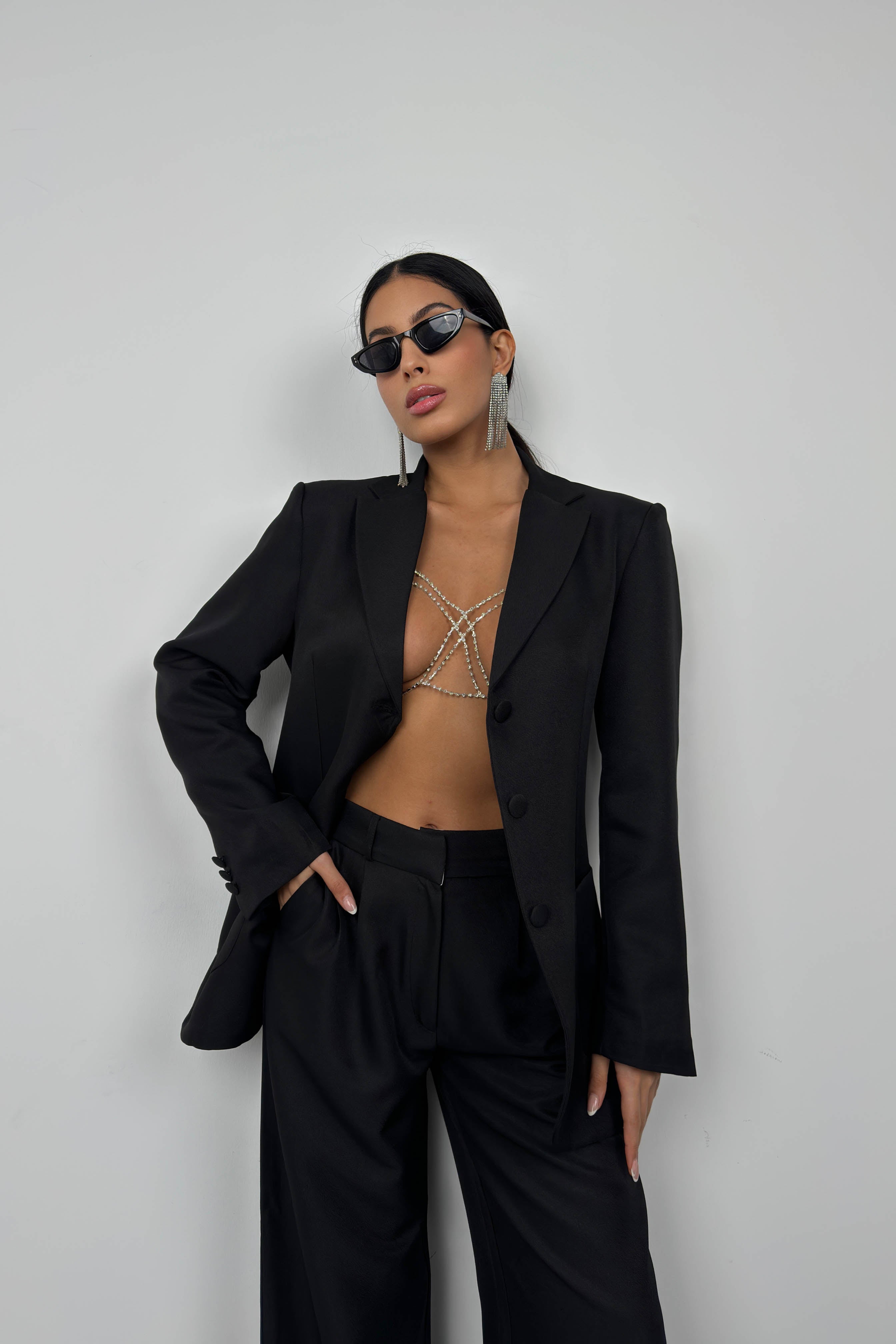 Foldover Waist Black Pants Blazer Jacket Set