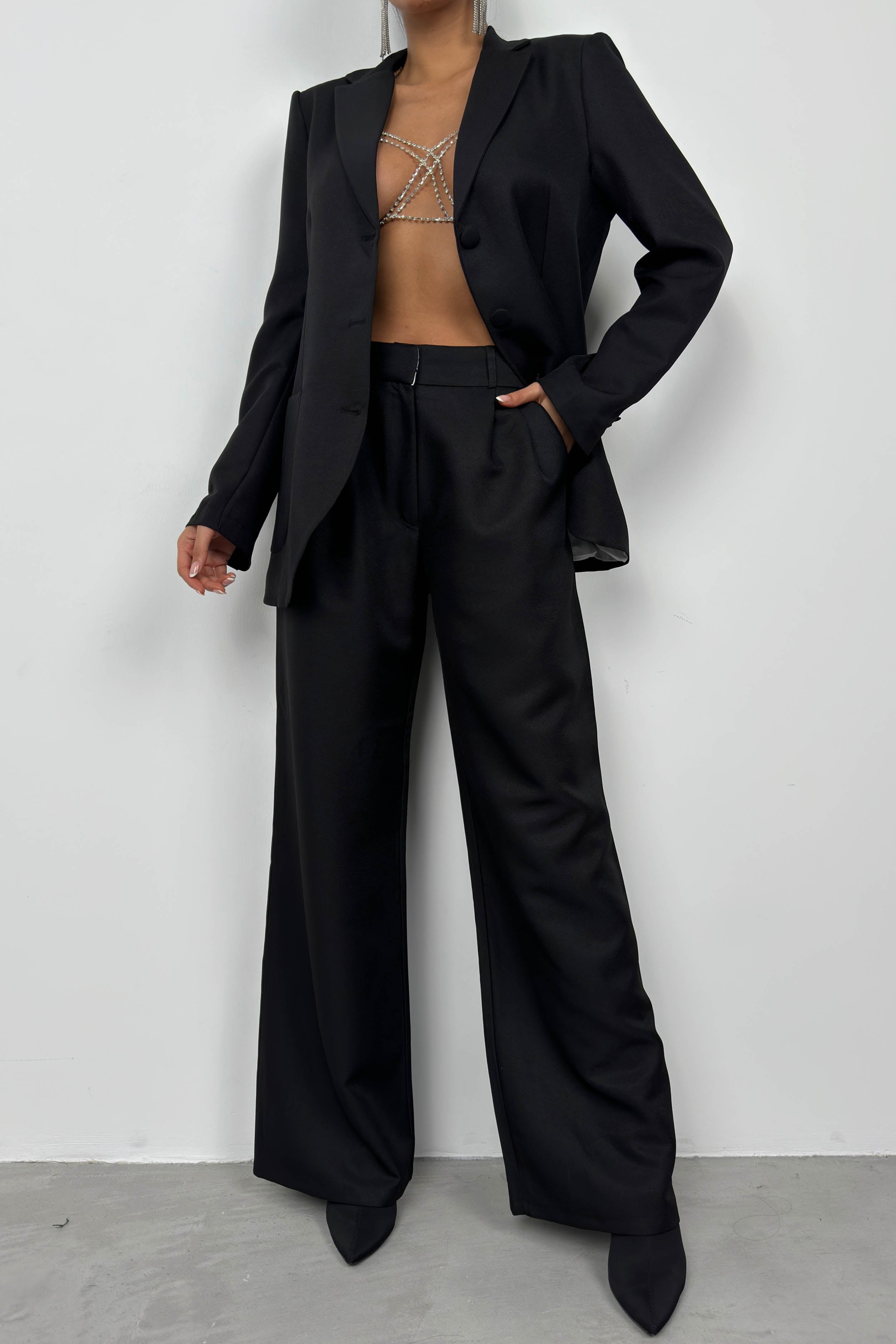 Foldover Waist Black Pants Blazer Jacket Set