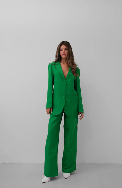 Waist Fold Green Trousers Blazer Jacket Set