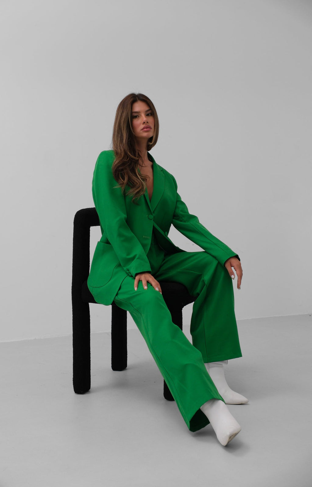 Waist Folded Green Pants Blazer Jacket Set