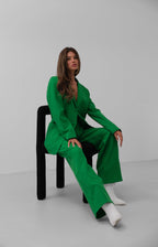 Waist Folded Green Pants Blazer Jacket Set