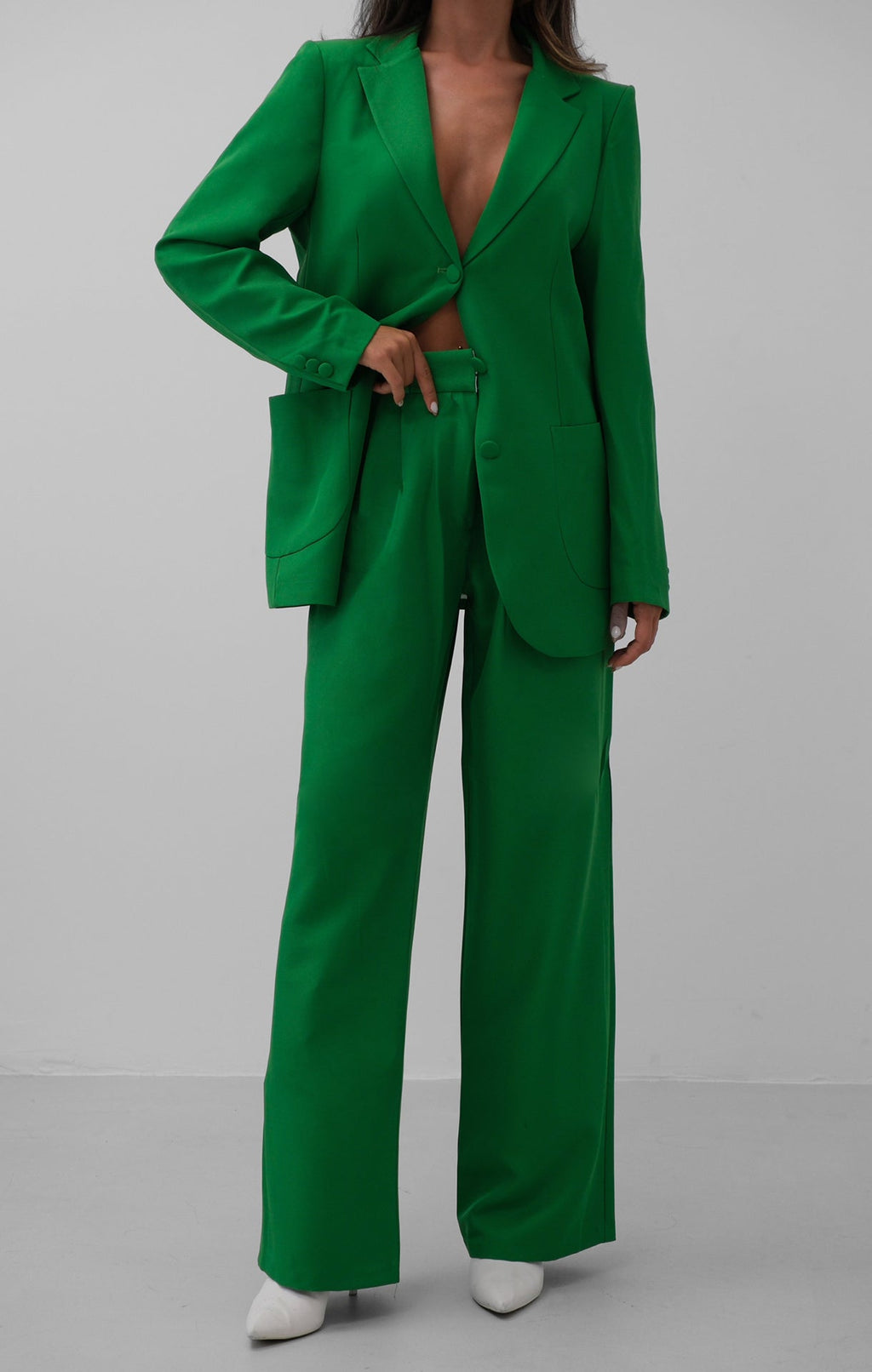 Waist Folded Green Pants Blazer Jacket Set