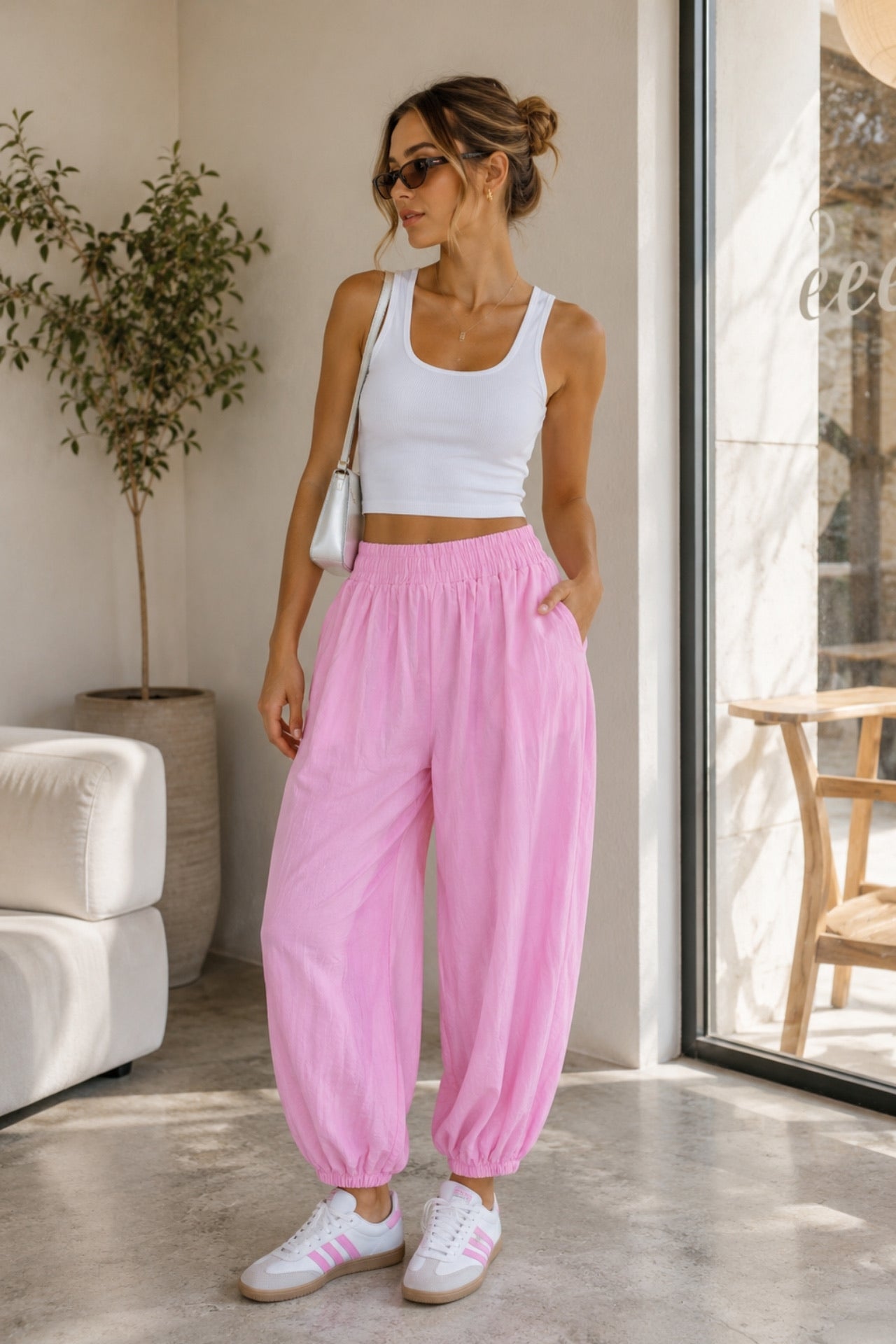 Waist Elastic Detail Modal Pink Balloon Trousers