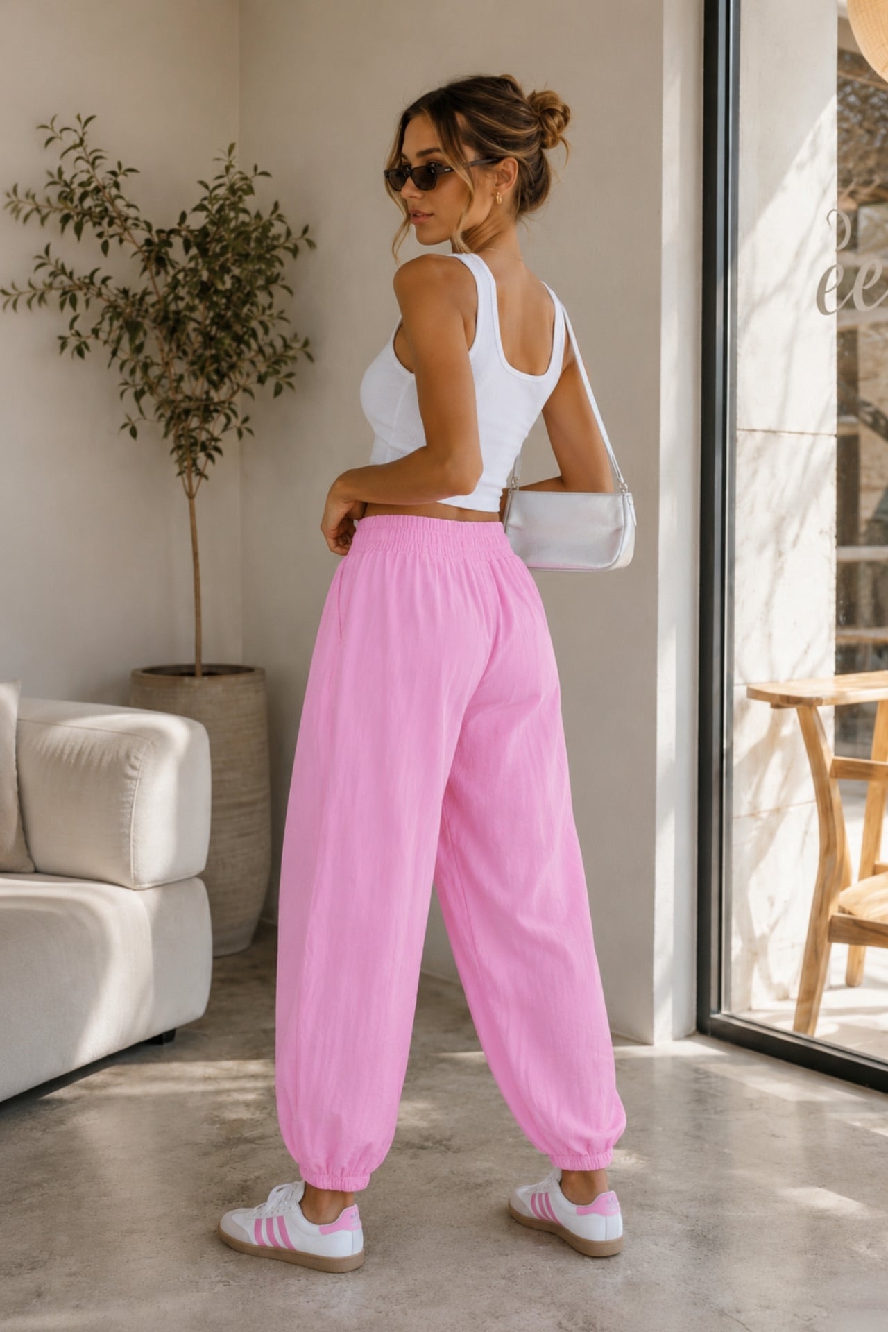 Waist Elastic Detail Modal Pink Balloon Trousers
