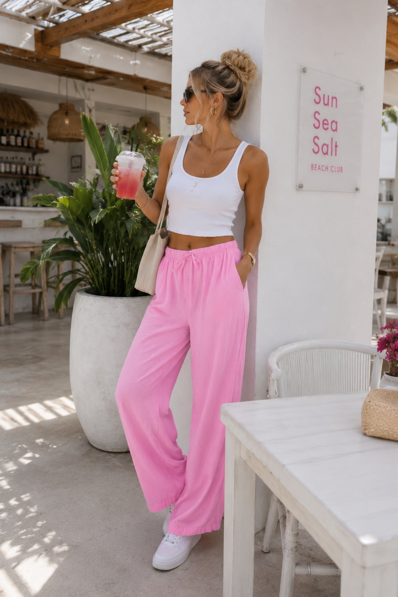Waist Elastic Detail Pink Modal Trousers