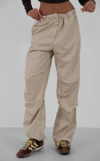 Elastic Waist Beige Leather Pants