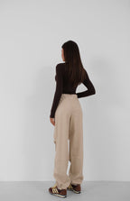 Elastic Waist Beige Leather Pants