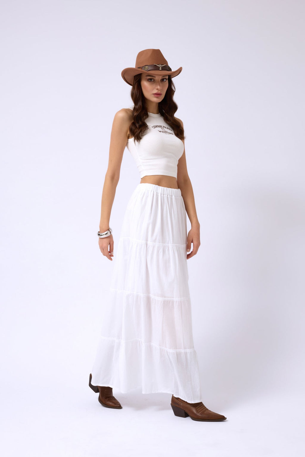 Elastic Waist White Maxi Skirt