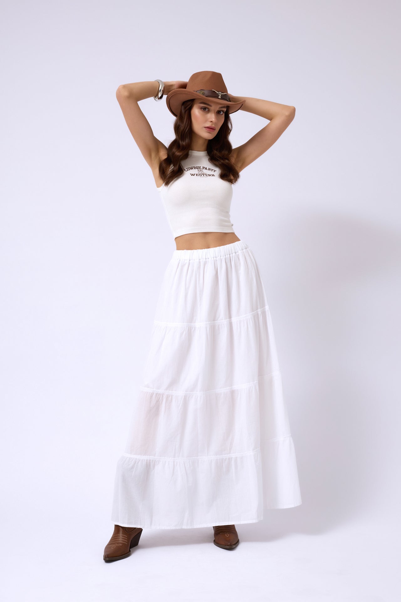 Elastic Waist White Maxi Skirt