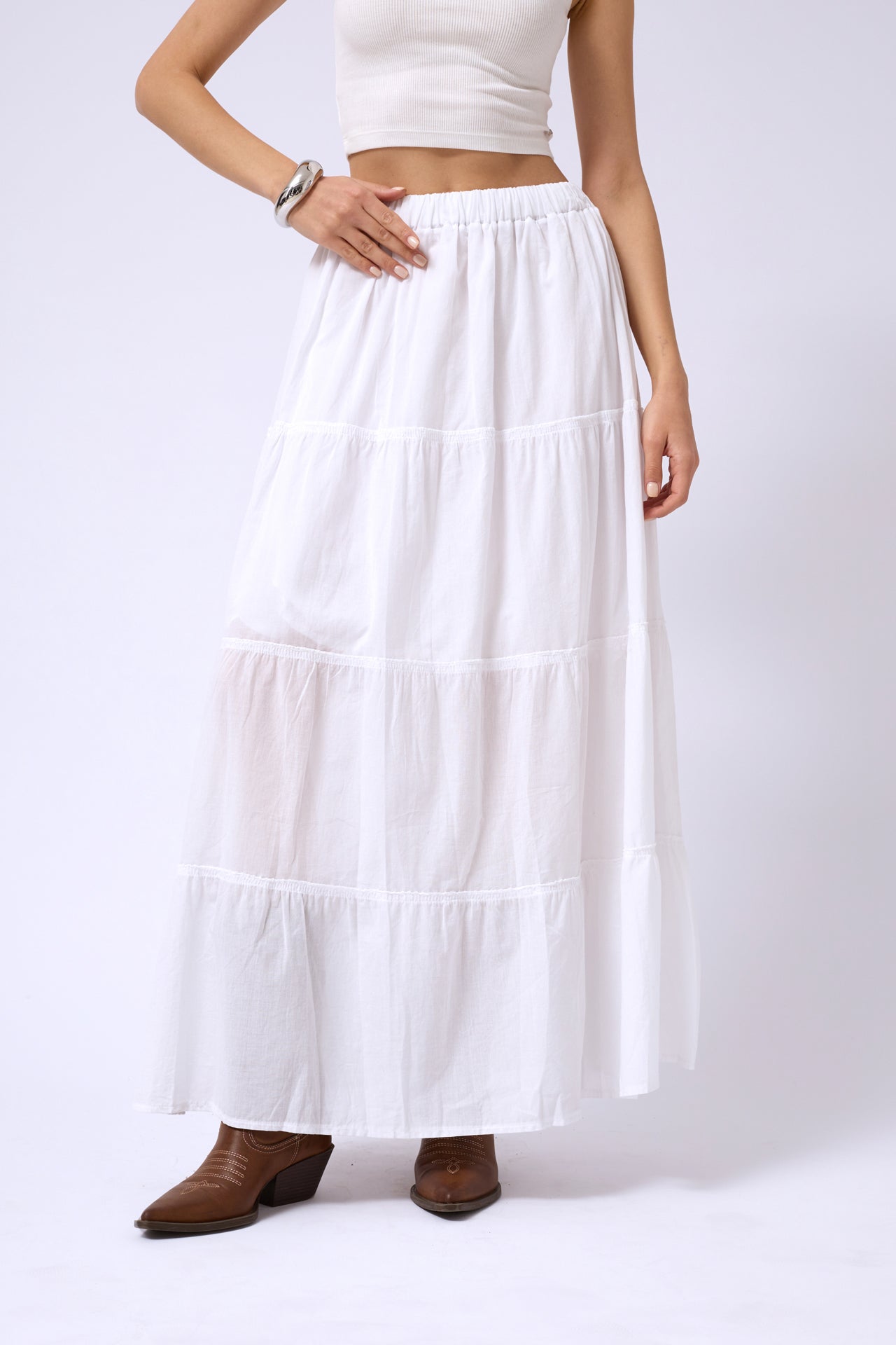 Elastic Waist White Maxi Skirt