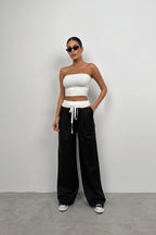 Elastic Waist Boxer Detail Black Pants