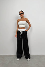 Elastic Waist Boxer Detail Black Trousers