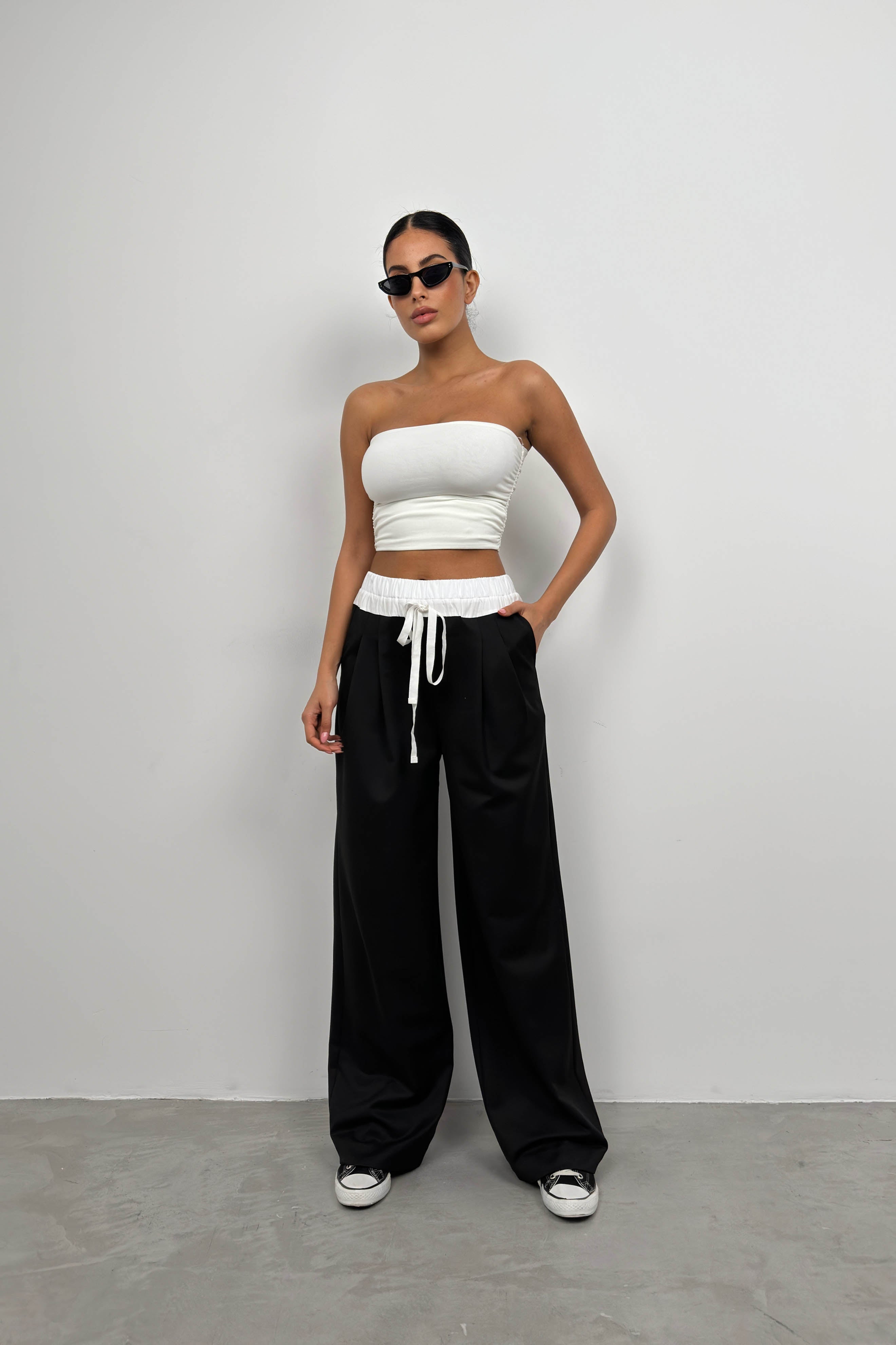 Elastic Waist Boxer Detail Black Pants