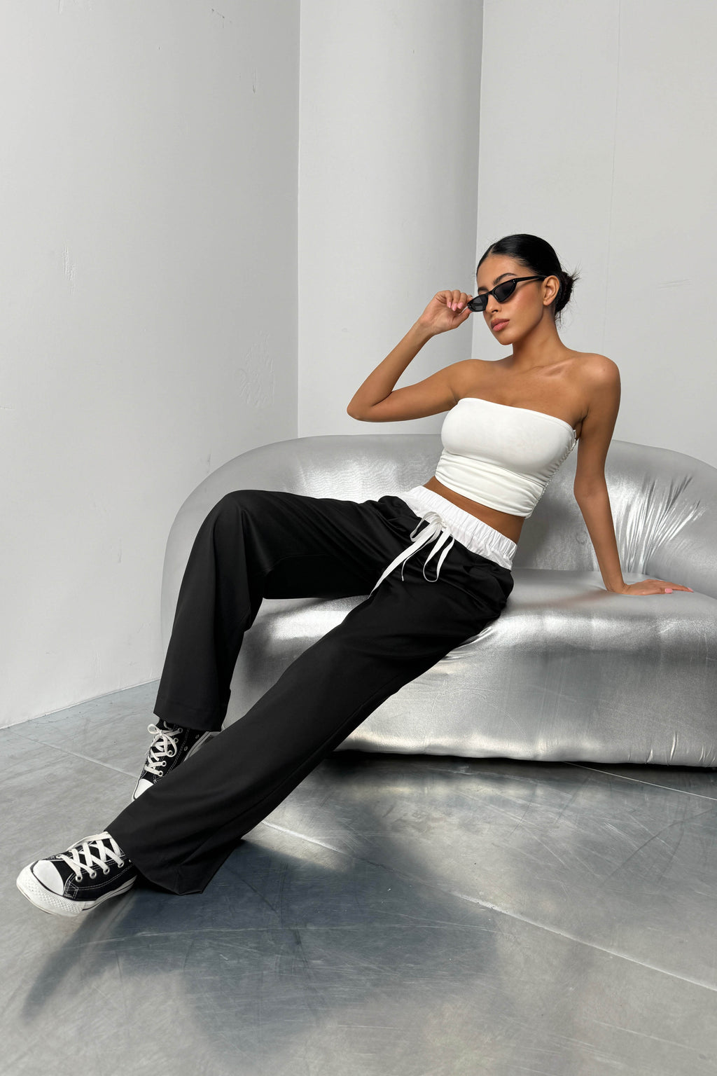 Elastic Waist Boxer Detail Black Pants