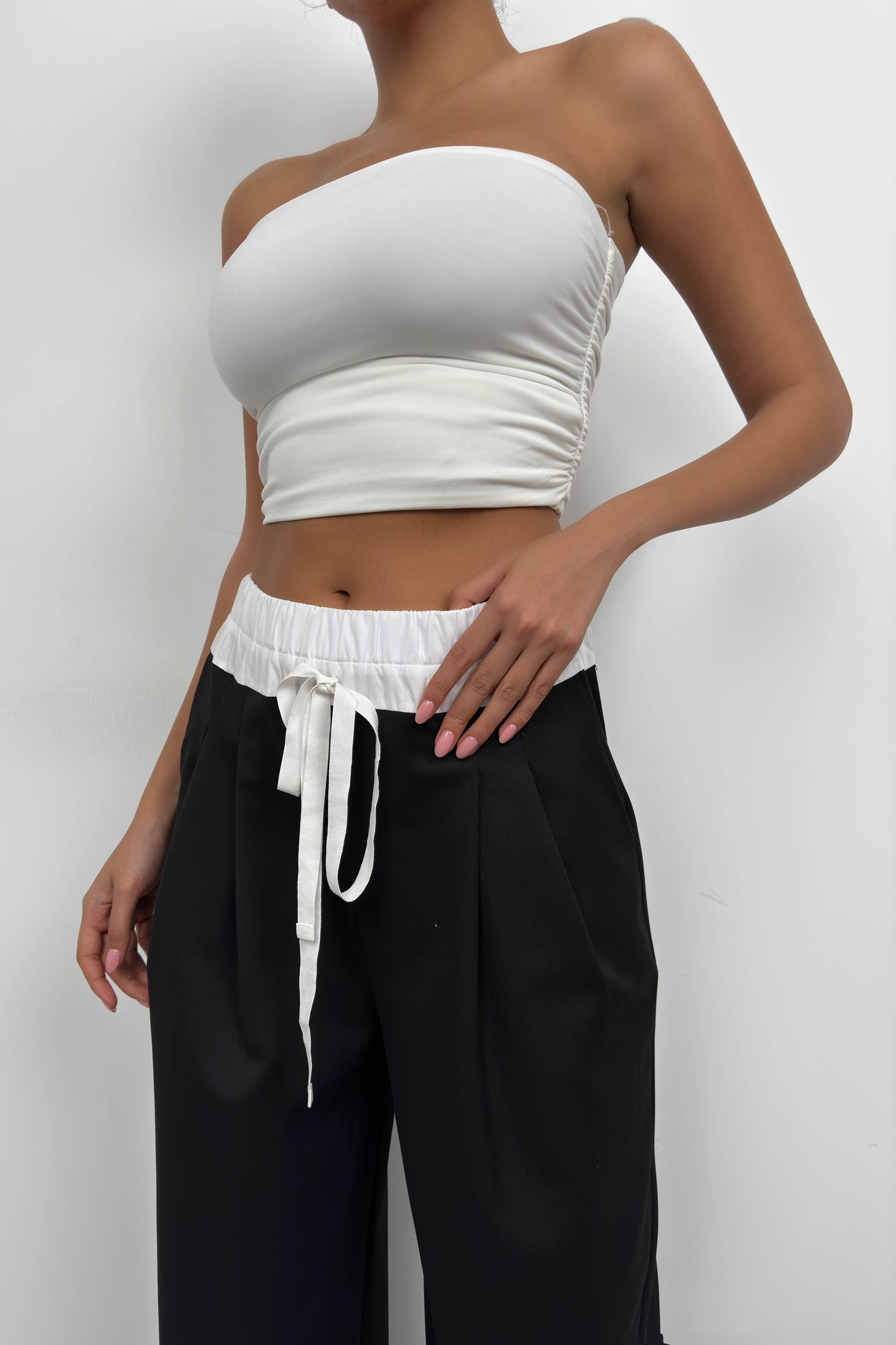 Elastic Waist Boxer Detail Black Pants